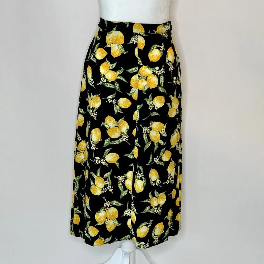 DIVIDED by H&M - Midi Skirt Women's Size 8 - Black Yellow Lemons Design Classic